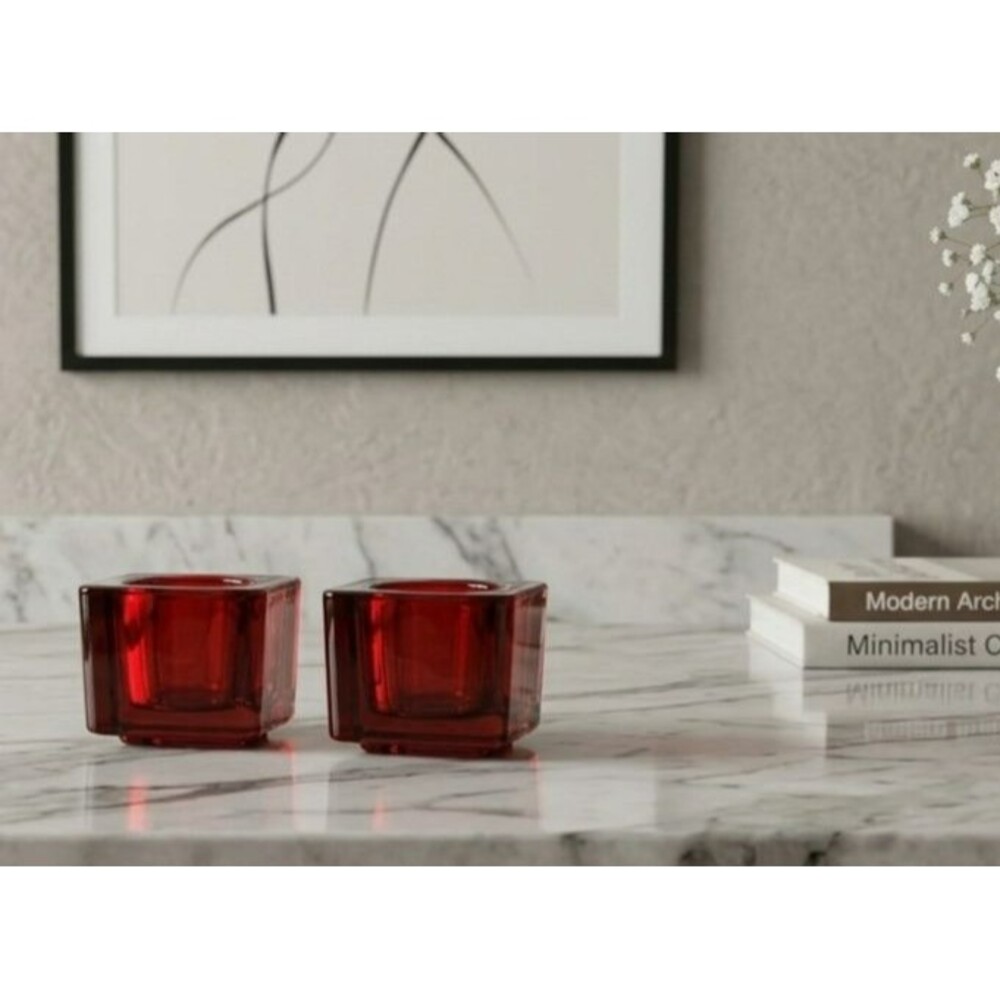2 Vtg. MCM Ruby Red Glass Cube Votive Candle Holders Raised Pedestal Base 2.5"